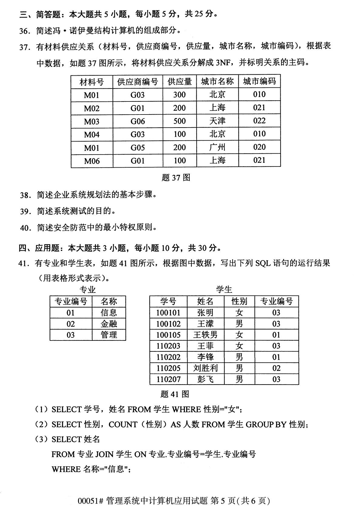2020年8月湖南省自学考试本科管理系统中计算机应用真题(图5) 2020年8月湖南省自学考试本科管理系统中计算机应用真题(图5)