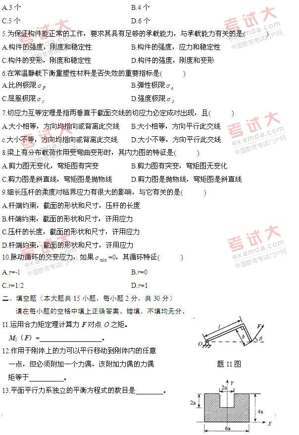 全国2011年1月高等教育自学考试工程力学(一)试(图2) 全国2011年1月高等教育自学考试工程力学(一)试(图2)